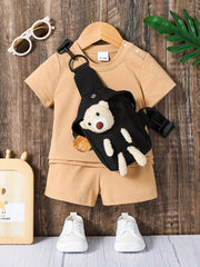Toddler Boys Casual Outfit Set with T-shirt, Shorts, and Bear Bag
