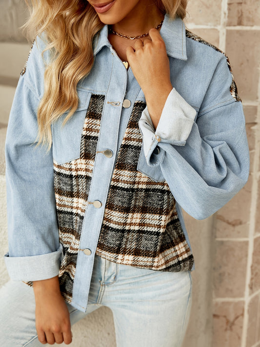 Patched Plaid Denim Jacket with Flap Pockets