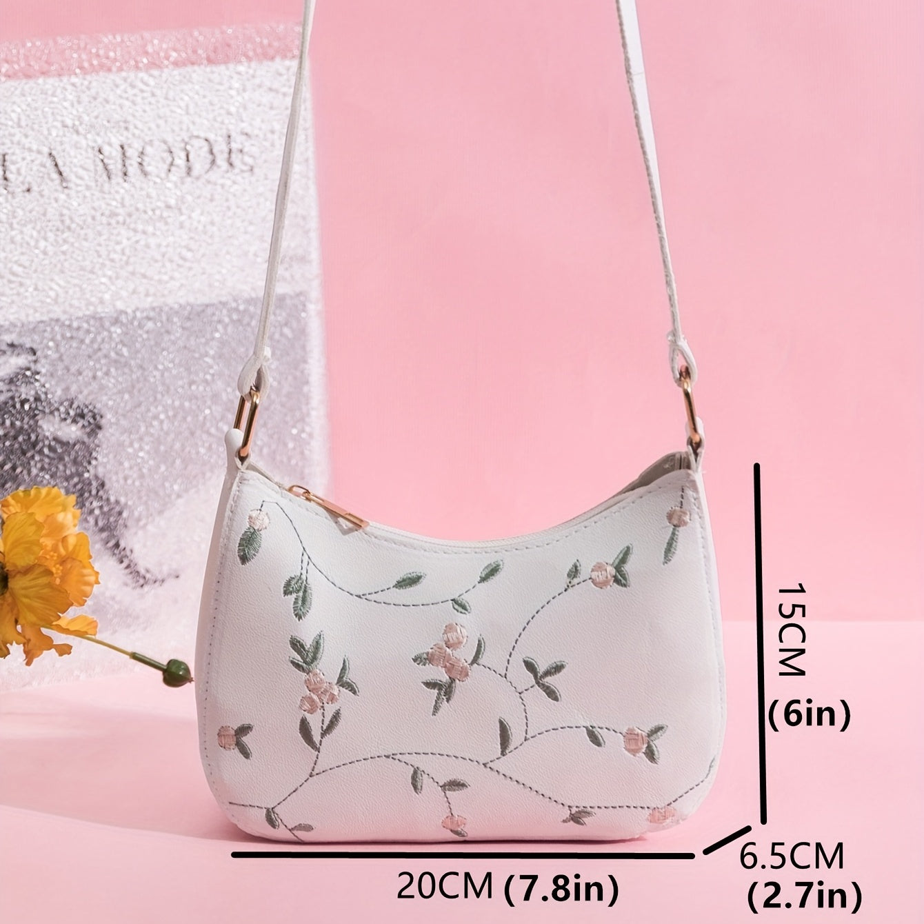 Flower Embroidered Shoulder Bag Zipper Stylish Baguette Bag