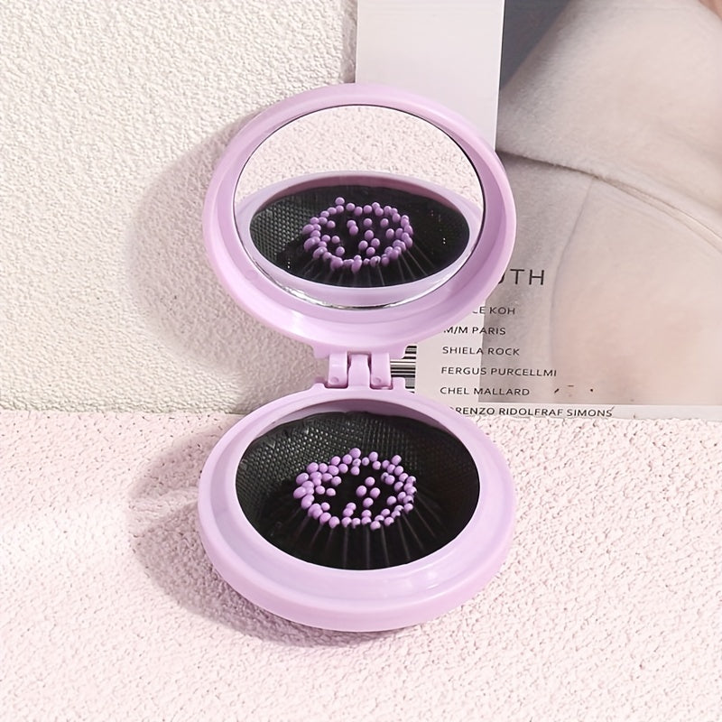 Round Folding Hair Brush With Mirror Mini Compact Massage Comb