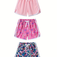 3pcs Girls Cat Floral Print Casual Quick Drying Shorts
