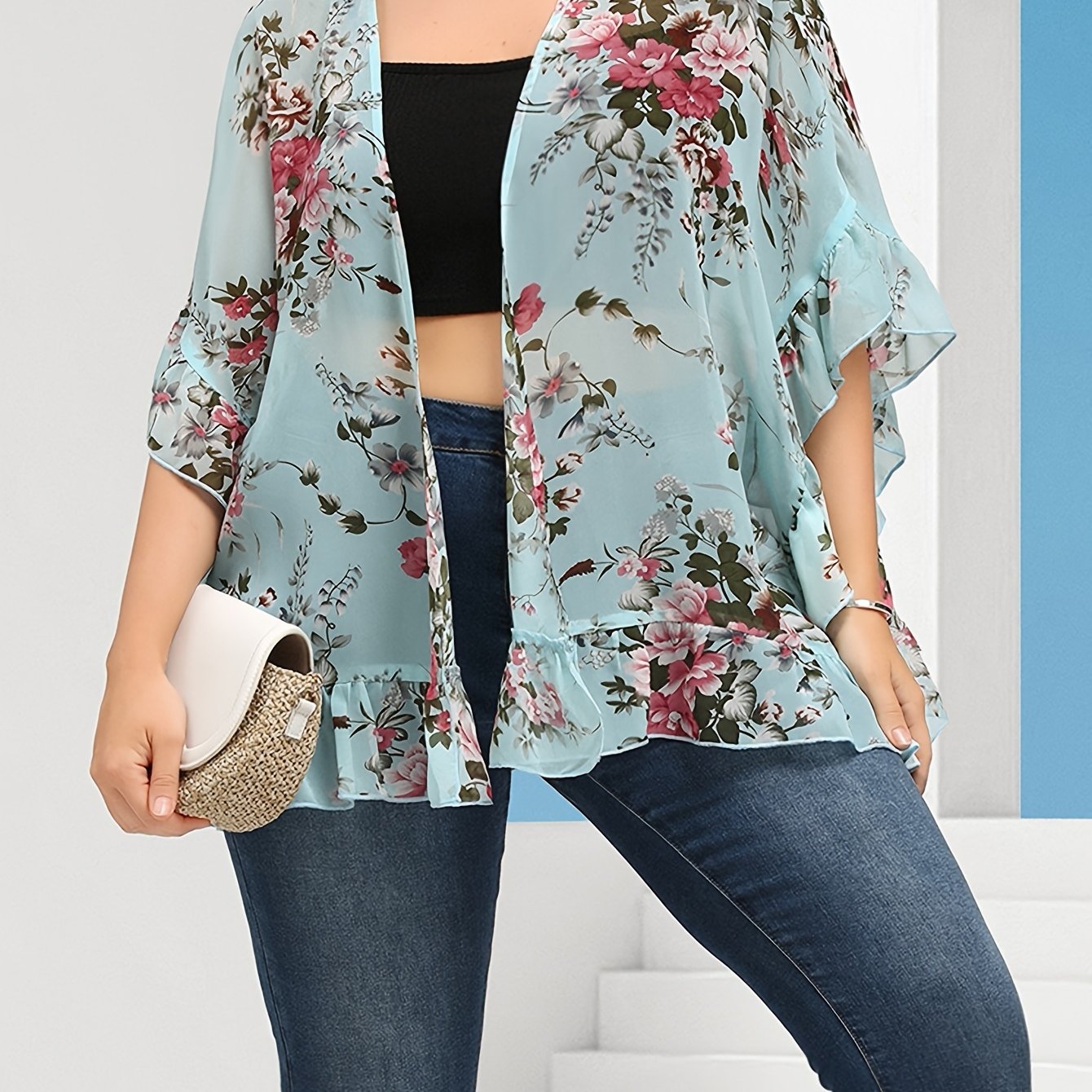 Floral Print Plus Size Kimono Beach Cover Up