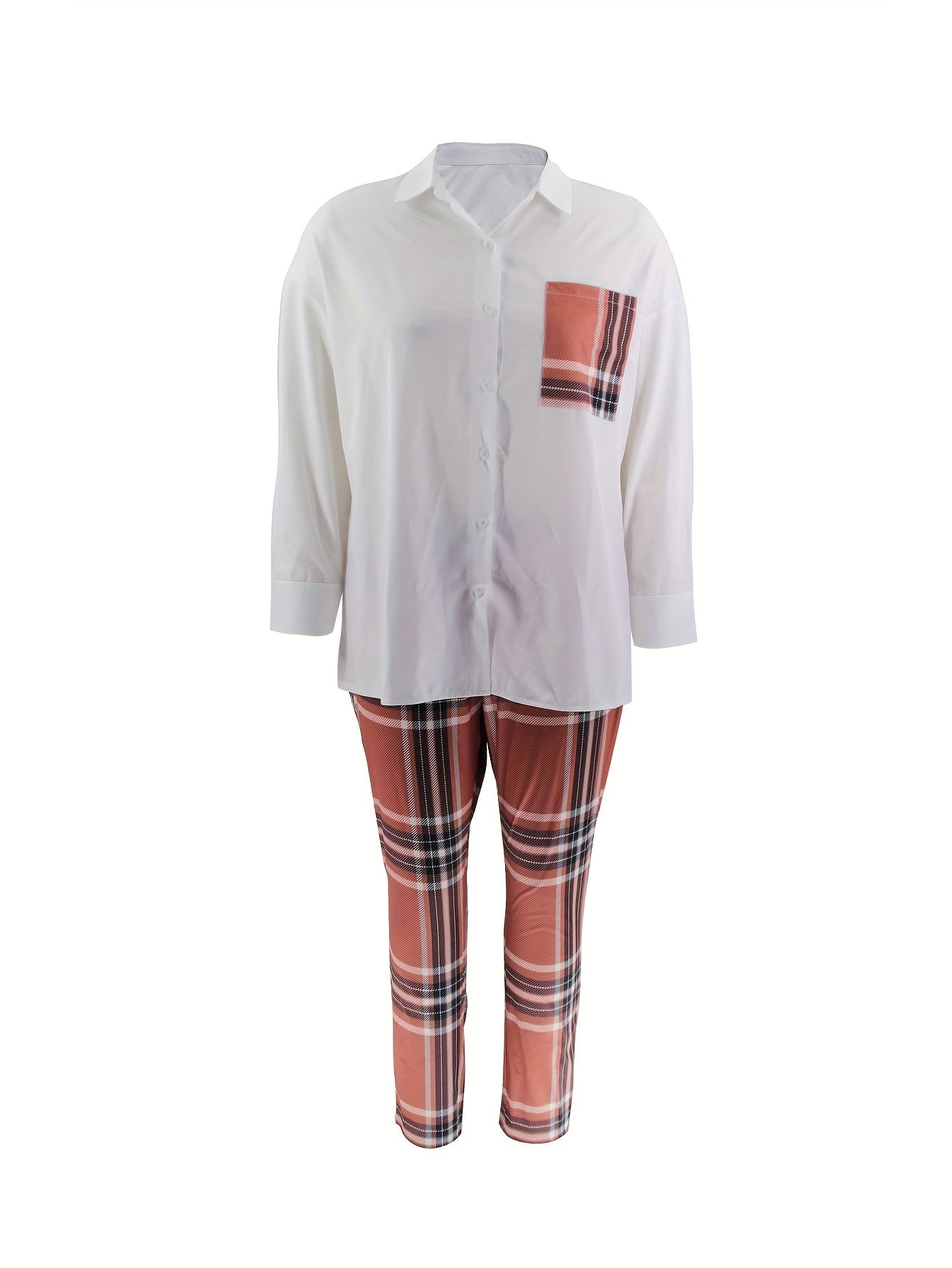 Women's Plus Plaid Print Button Up Shirt & Leggings 2 Pc Set