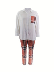 Women's Plus Plaid Print Button Up Shirt & Leggings 2 Pc Set