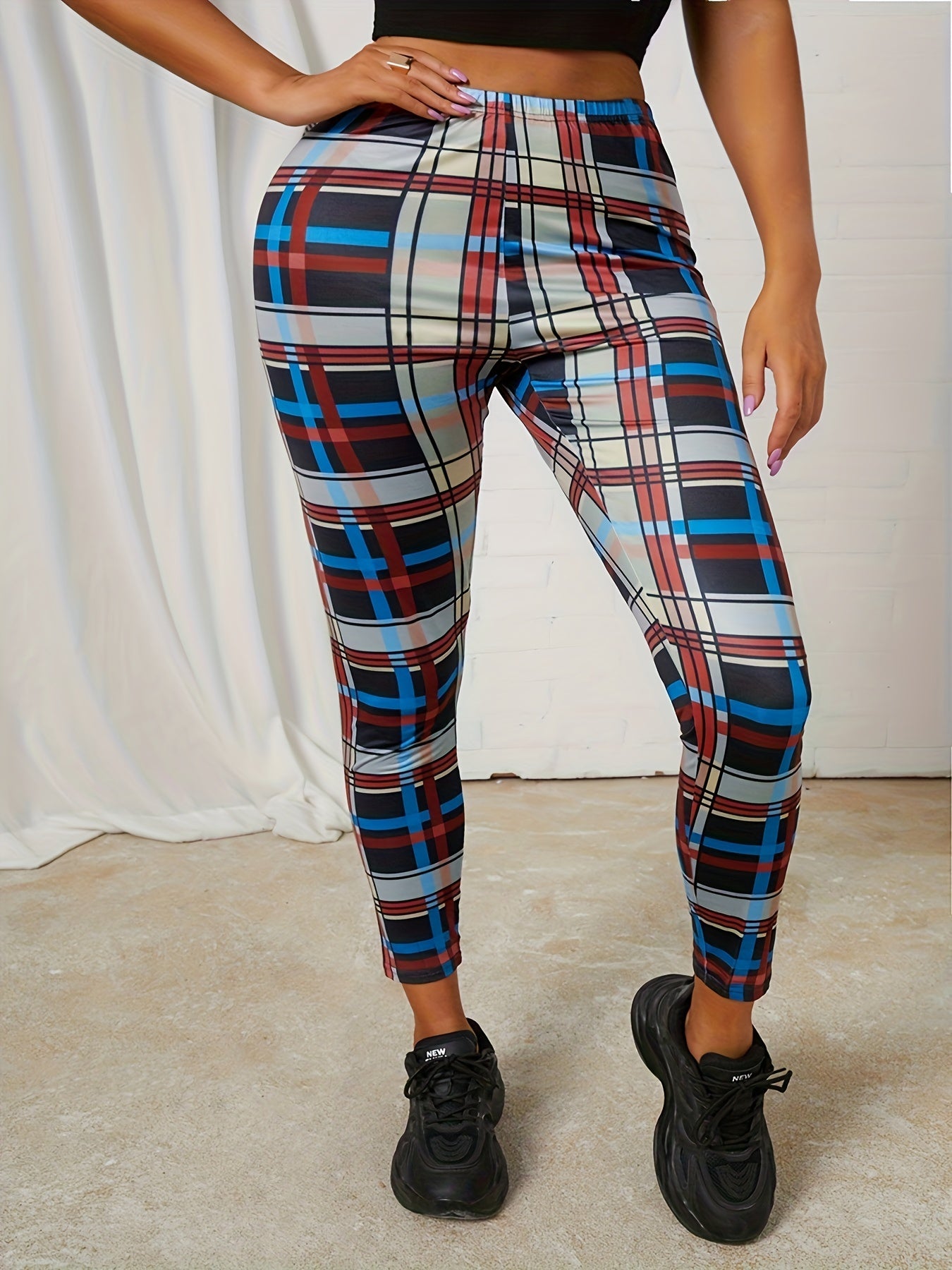  Women's Plaid Print High Rise Skinny Leggings