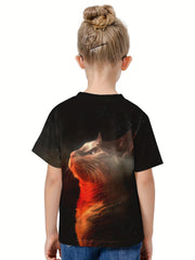 3D Cat Graphic Crew Neck Short Sleeve T shirt for Girls