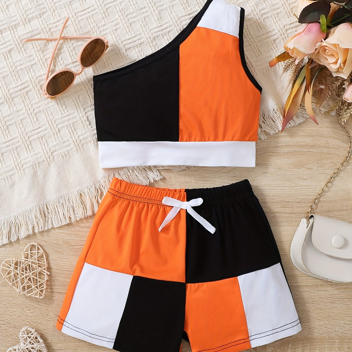 Girls Patchwork One Shoulder Top & Shorts Set For Kids Summer