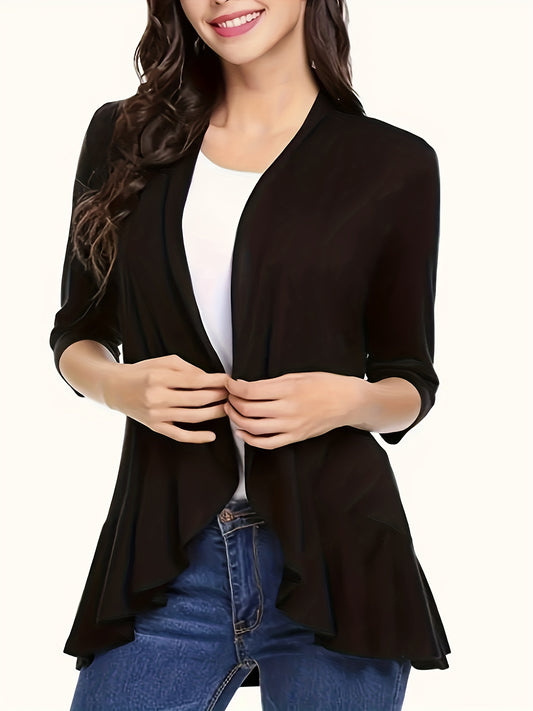  Solid Ruffle Trim Open Front Cardigan