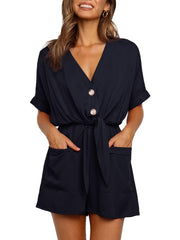 Women's V Neck Button Rompers Knot Tie Short Sleeve Jumpsuit