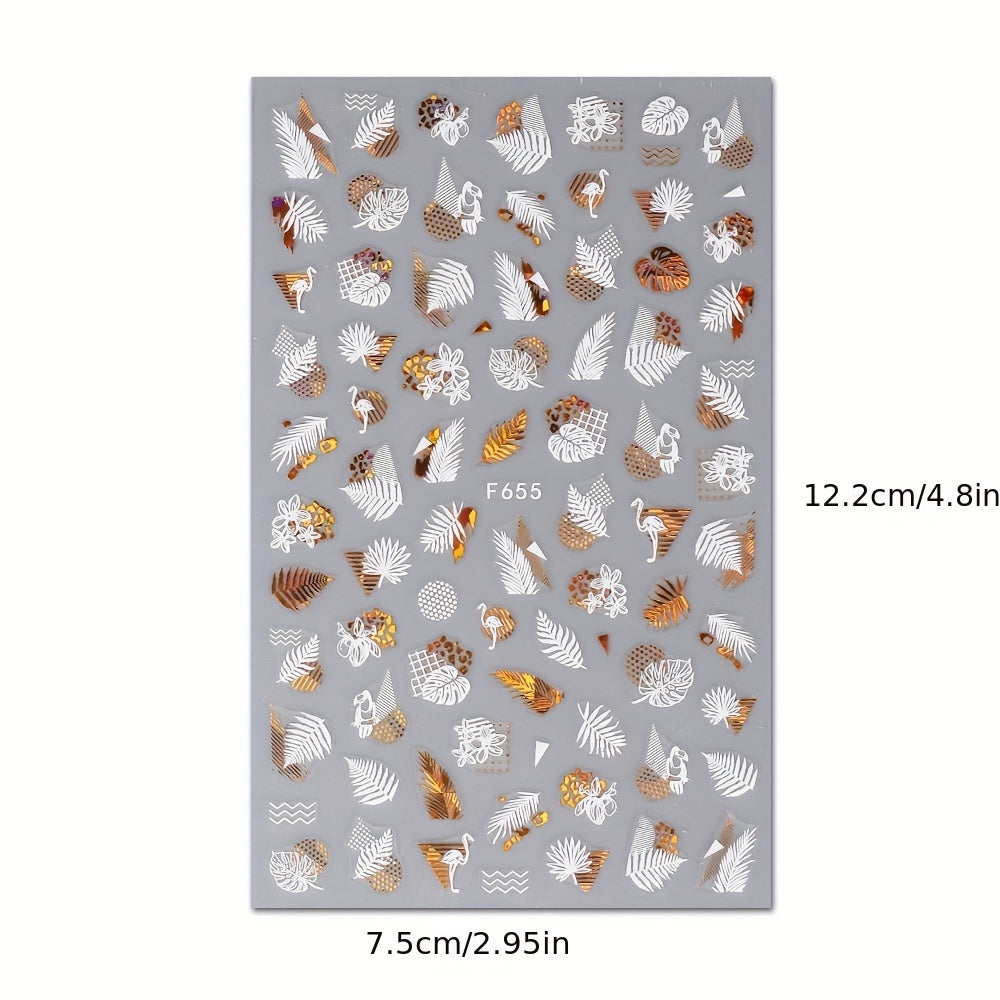 4 Sheets 3D Nail Art Stickers: Leaves/Flame Bird Adhesive Nail Decals