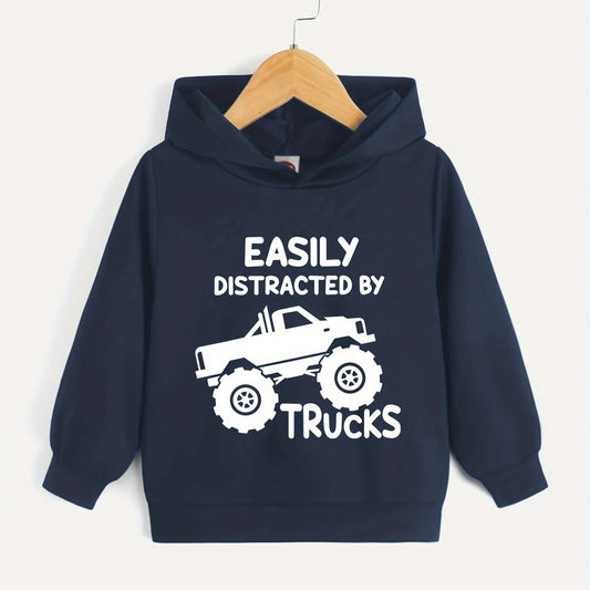 BOYS TRUCKS Letter Print Hooded Sweatshirt Spring Fall Kids Clothing