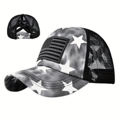 Tie Dye Ponytail Trucker Hat Star Print Mesh Baseball Cap Embroi