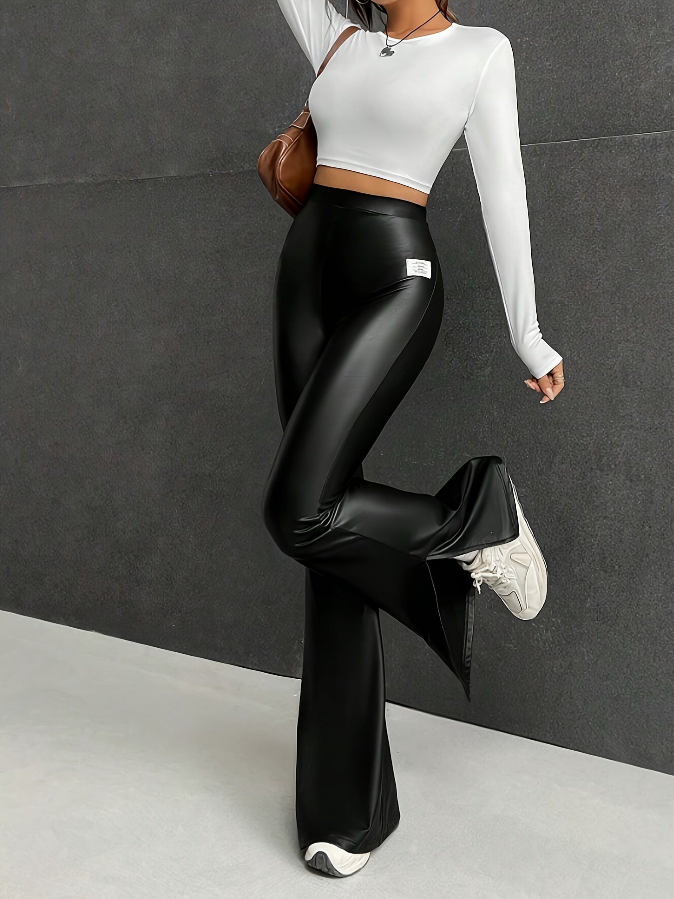  High Waist PU Leather Flared Leg Split Trousers