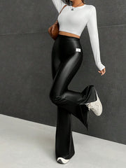  High Waist PU Leather Flared Leg Split Trousers