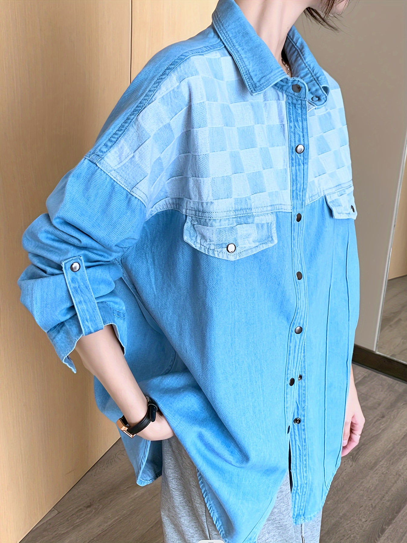  Colorblock Checker Print Denim Shacket