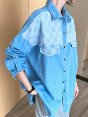  Colorblock Checker Print Denim Shacket