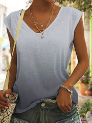 Gradient Cap Sleeve Top V Neck Summer Top