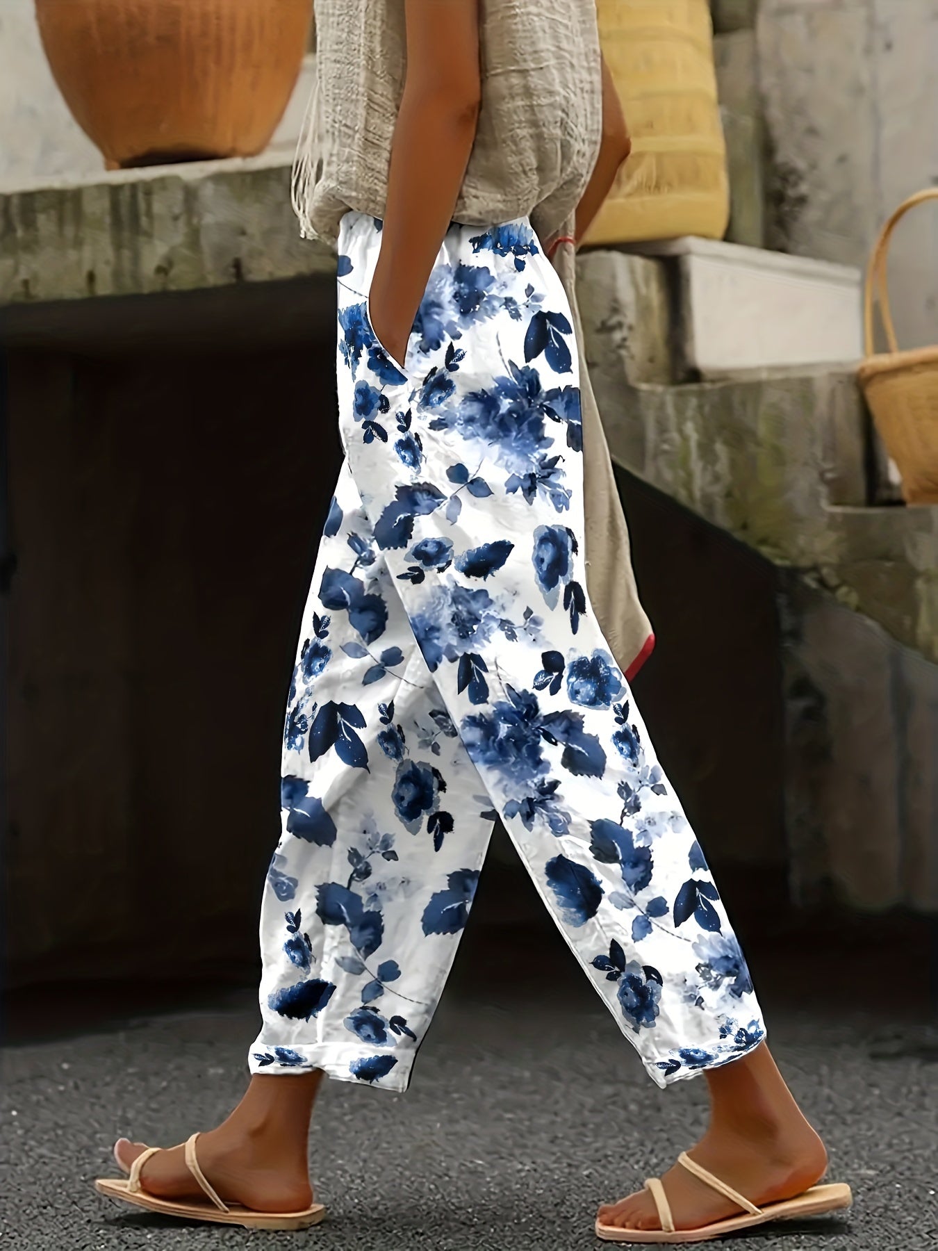  Tie Dye Floral Print High Rise Pants With Pockets