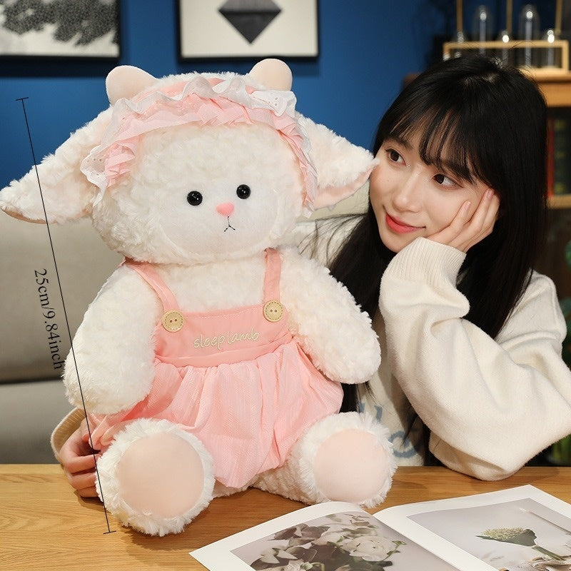 Adorable Plush Sheep Doll Soft Pink & Fluffy Sheep with Golden Bell