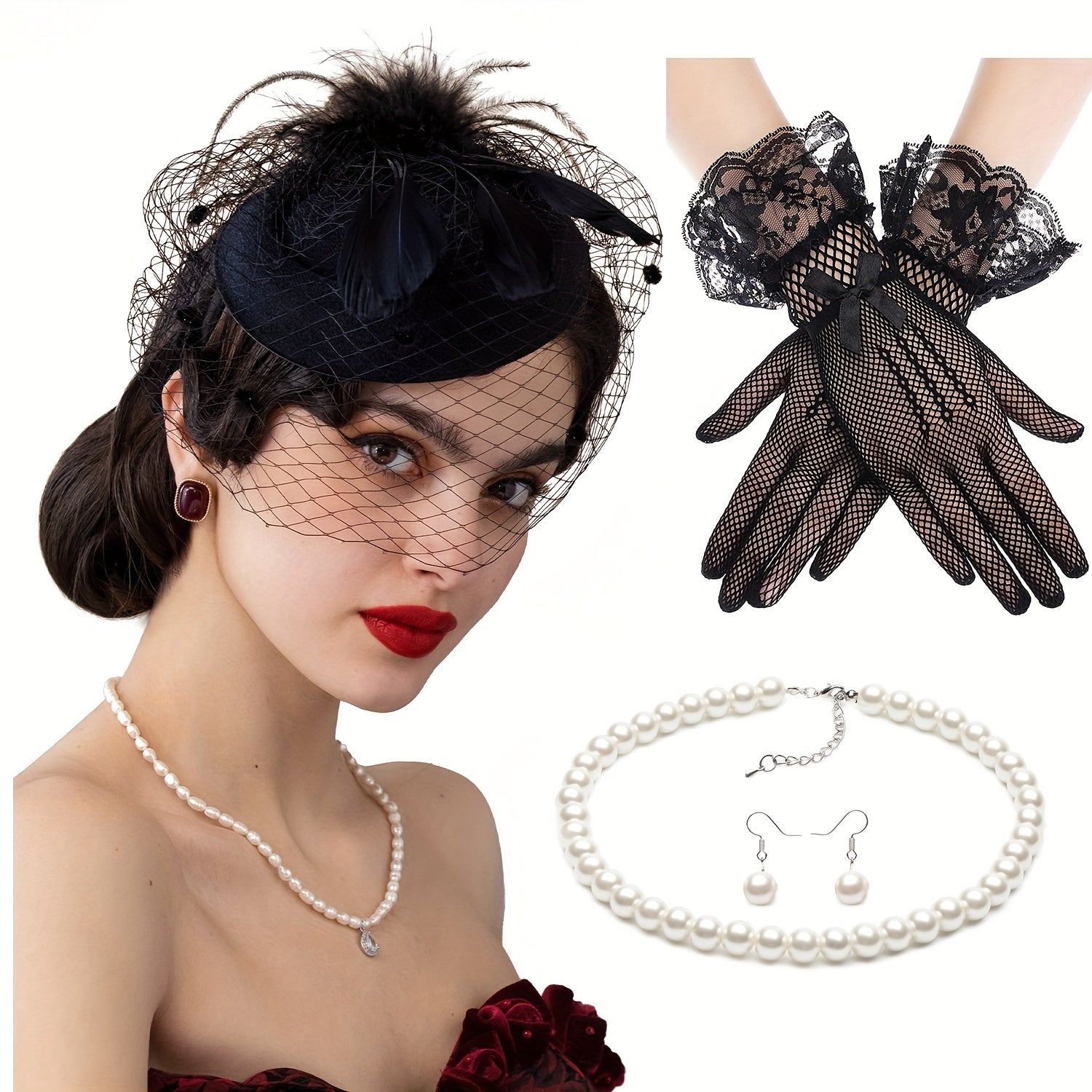 Vintage Veil Fascinator Lace Gloves Necklace Set