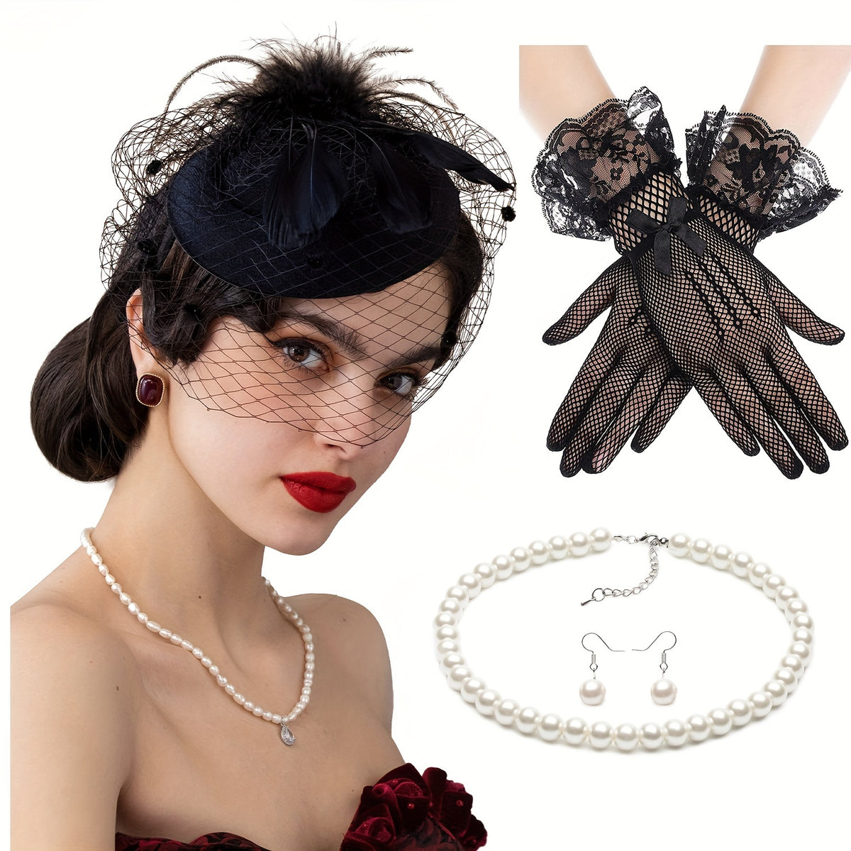 Vintage Veil Fascinator Lace Gloves Necklace Set