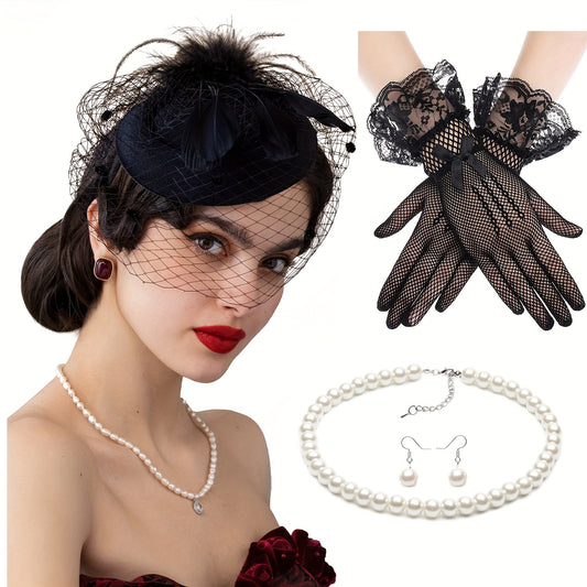 Vintage Veil Fascinator Lace Gloves Necklace Set