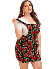  Allover Rose Print Square Neck Mini Overall Dress
