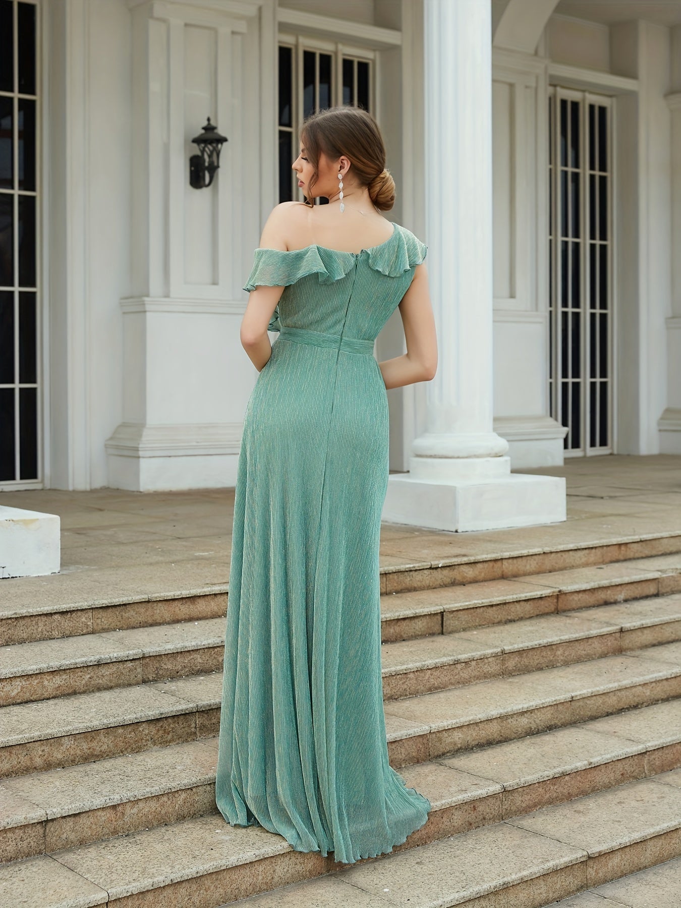 One Shoulder Ruffle Trim Bridesmaid Dress Maxi for Wedding Party