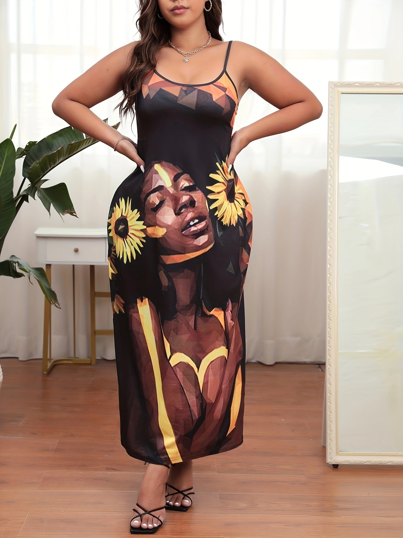  Women's Figure Print Round Neck Maxi Dress