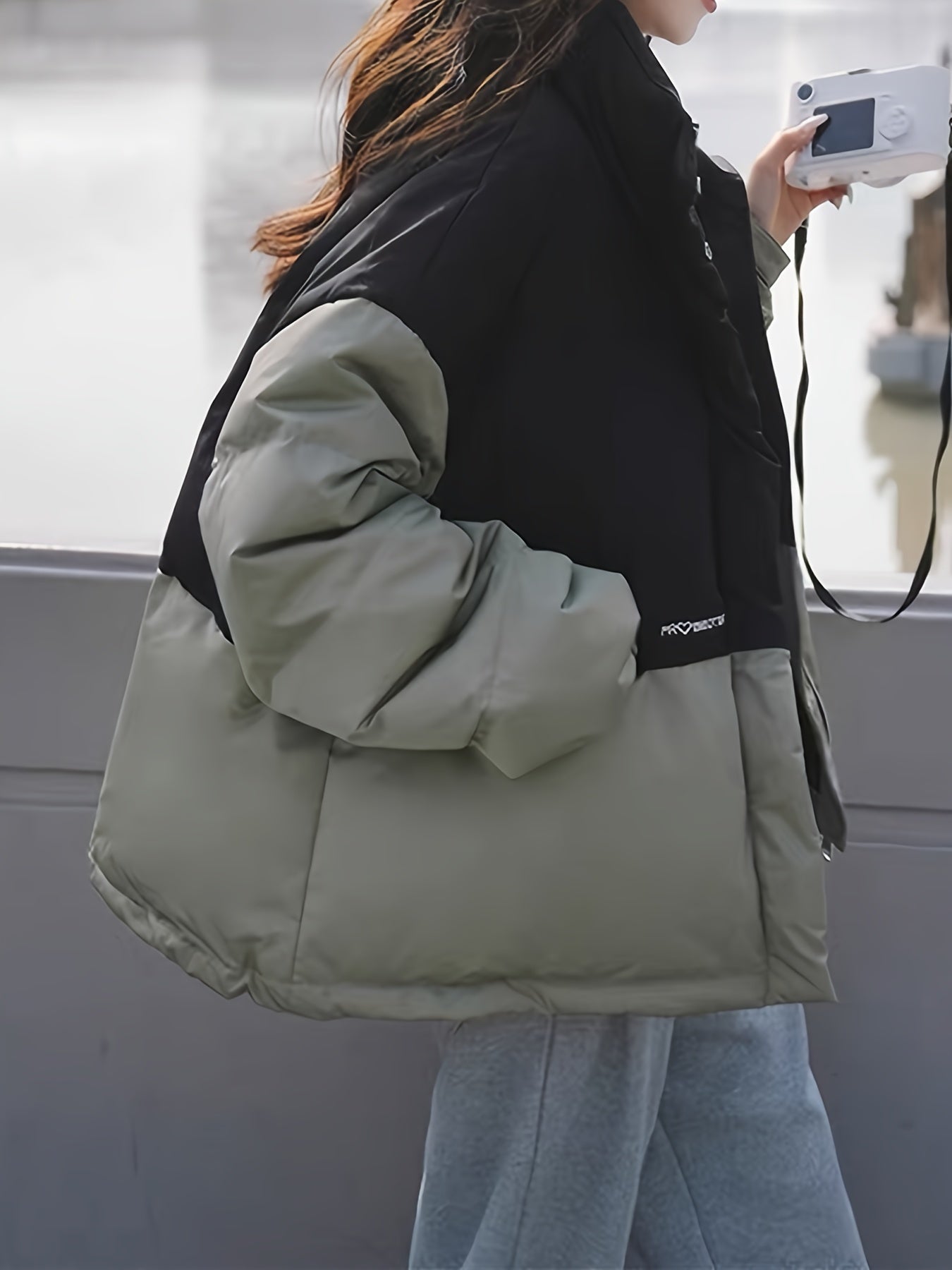 Block Stand Collar Puffer Jacket Coat Zip Up Warm Short Jacket Coat