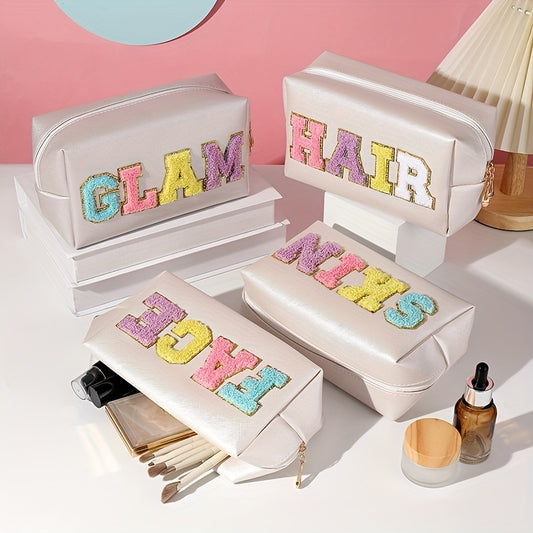 Preppy Makeup Bag Travel Toiletry Bag Letter Patch PU Leather Waterproof