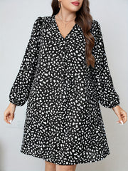  Dalmatian Print Lantern Sleeve V Neck Dress