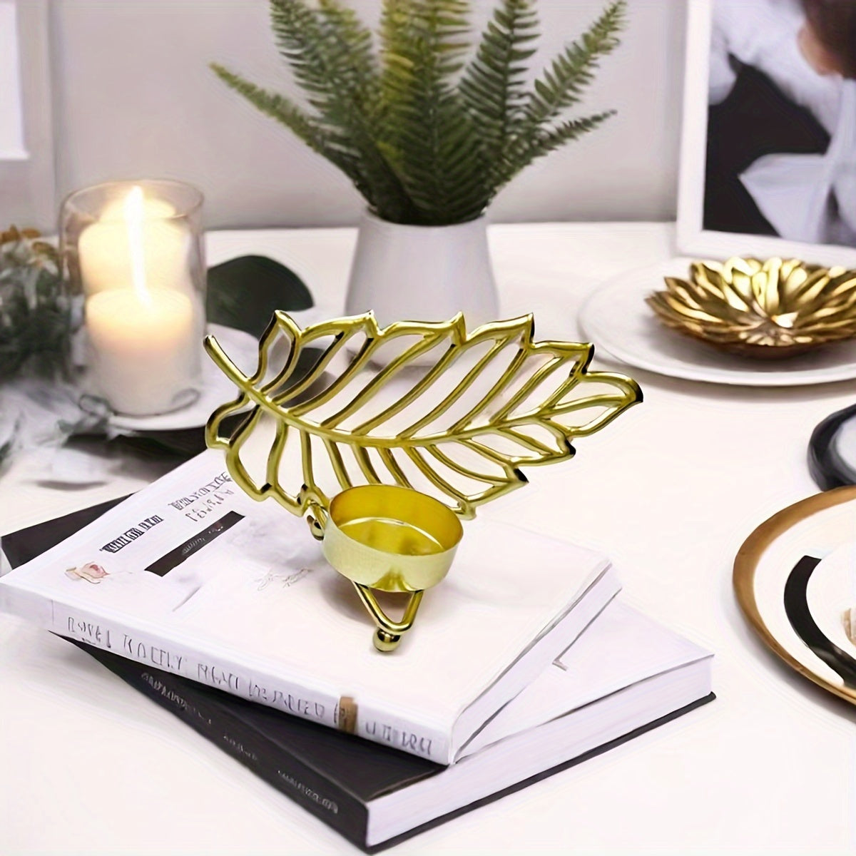 Golden Iron Leaf Candle Holder for Home Decor