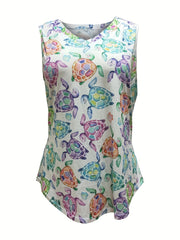 Colorful Turtle Print V-Neck Tank Top - Plus Size