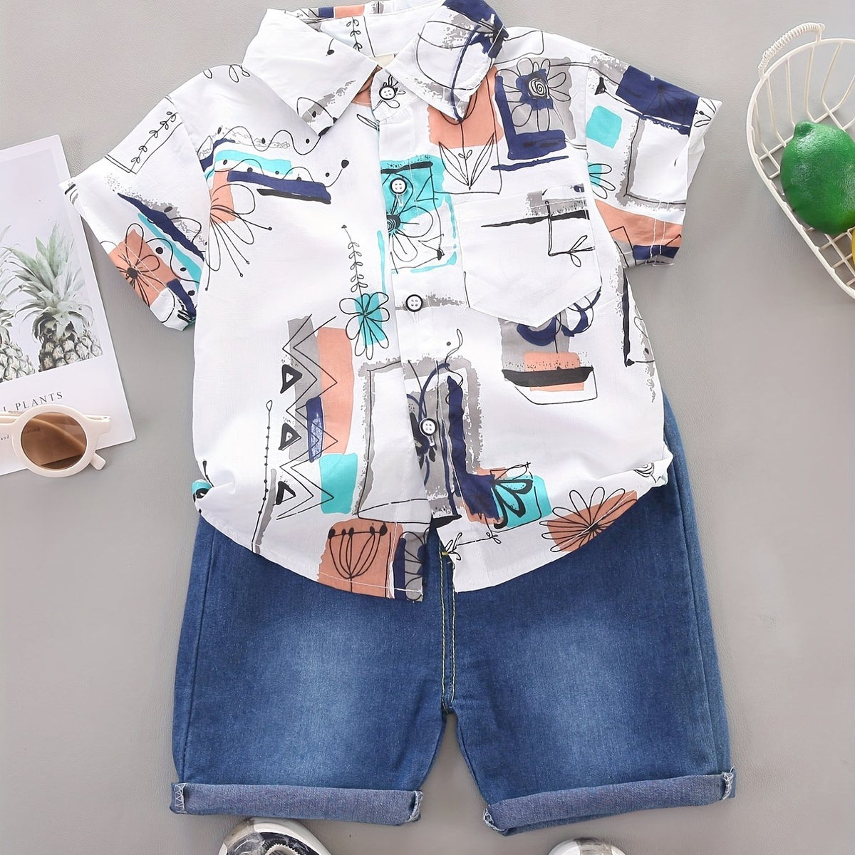 Boys Geo Pattern Lapel Shirt & Denim Shorts Set