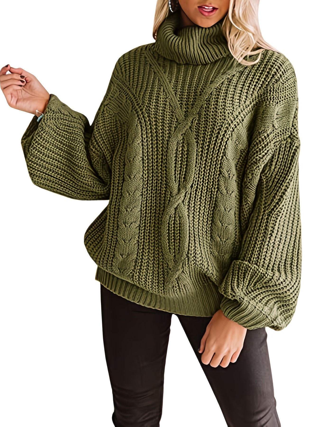  Casual Solid Lantern Sleeve Pullover Sweater