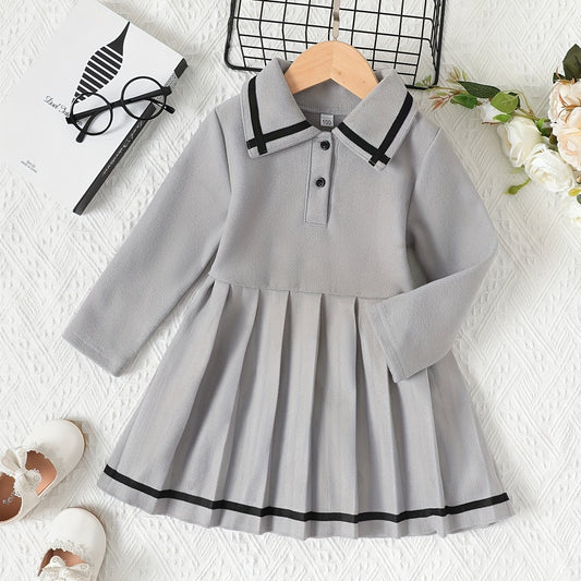 Preppy Dress For Girls Button Collar Solid Long Sleeve A Line Dresses