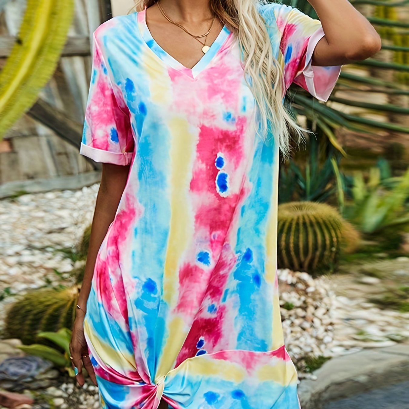 Tie Dye Twist Front V Neck Dress Short Sleeve Casual Summer Women Clothing