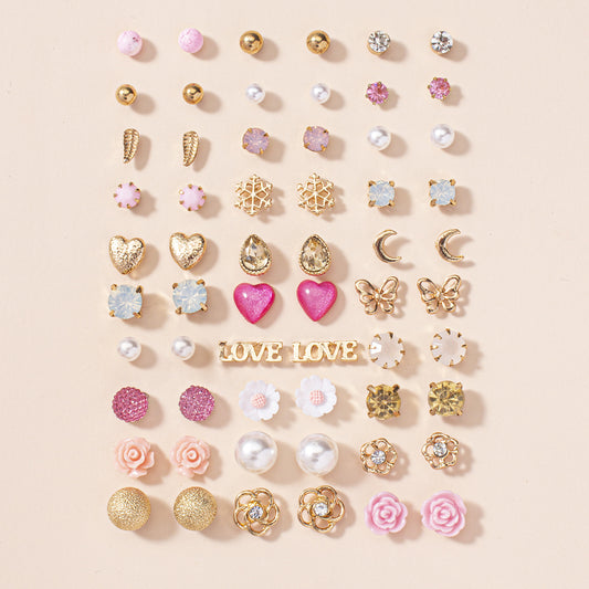30 Pairs Assorted Stud Earrings Set with Zircon and Flower Designs