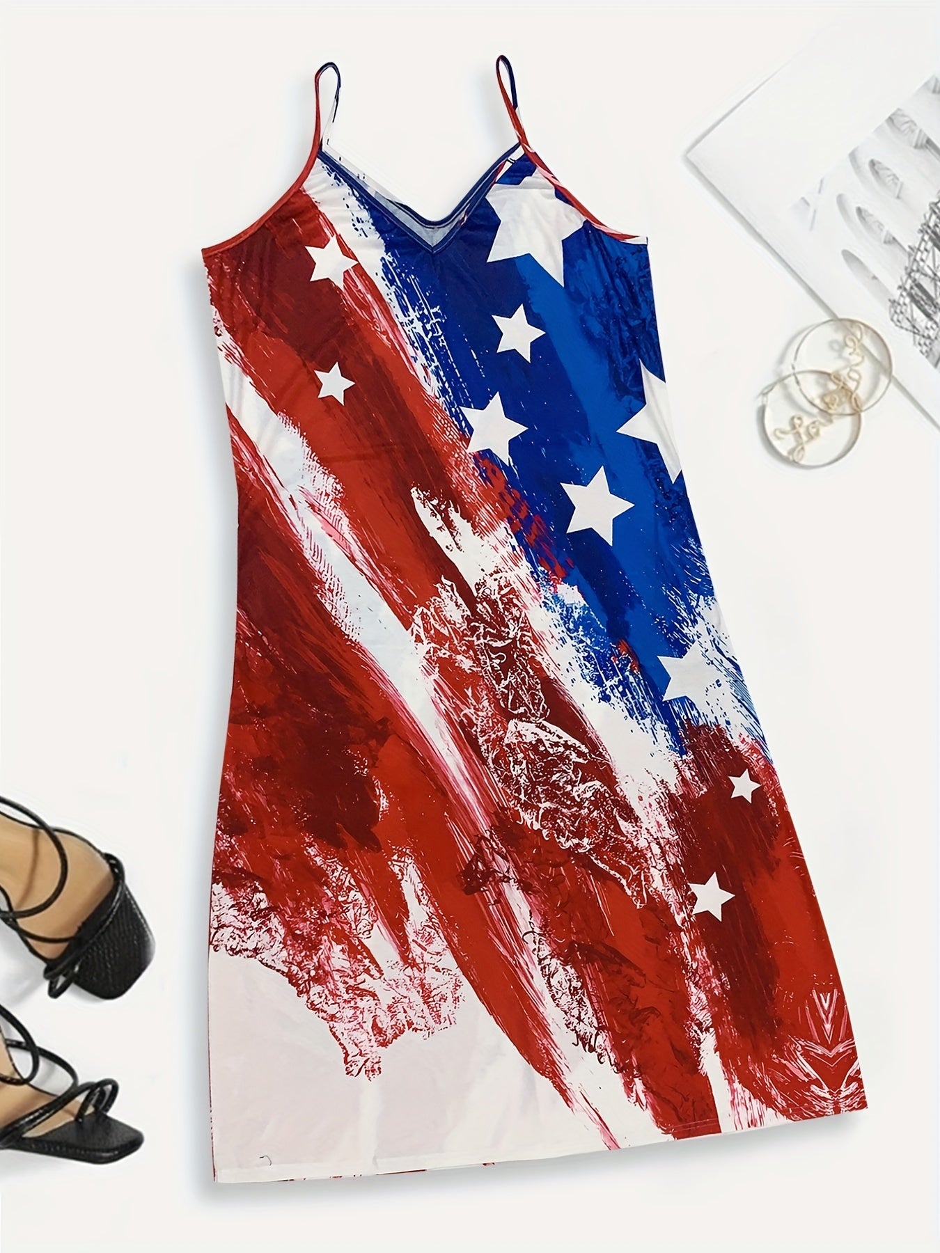  Flag Print V Neck Maxi Cami Dress With Pockets