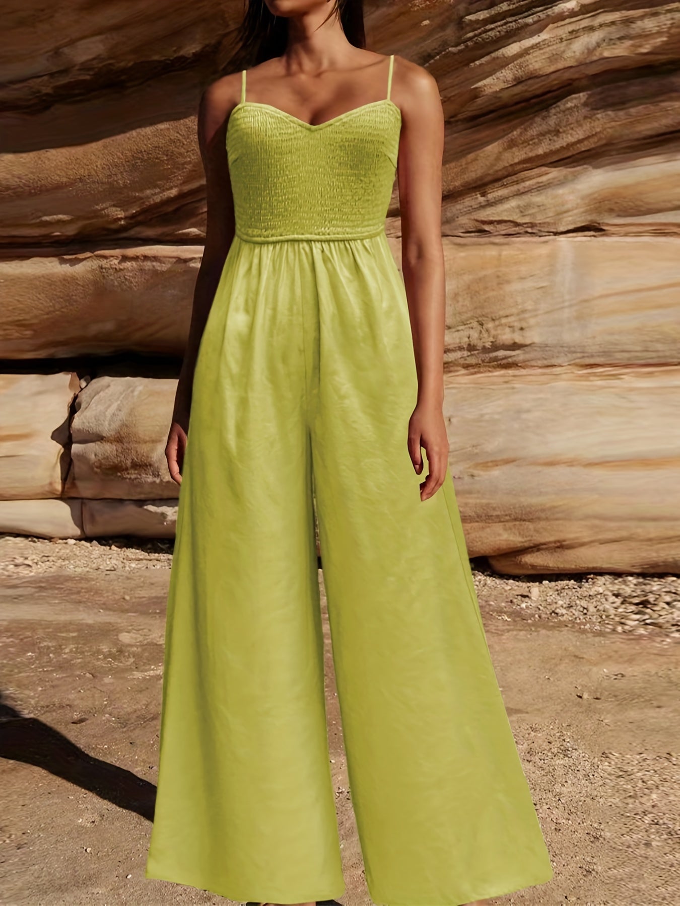 Solid Spaghetti Wide Leg Jumpsuit Backless