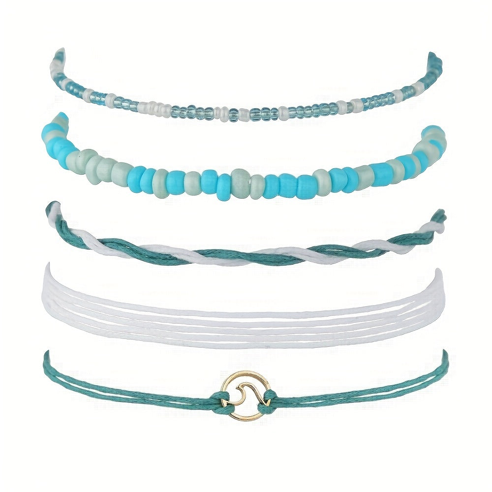 5 Pcs Ocean Style Wax Thread Anklet Set Rope Rice Beads Ankle Bracelet
