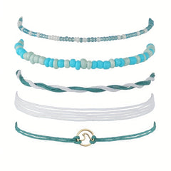5 Pcs Ocean Style Wax Thread Anklet Set Rope Rice Beads Ankle Bracelet