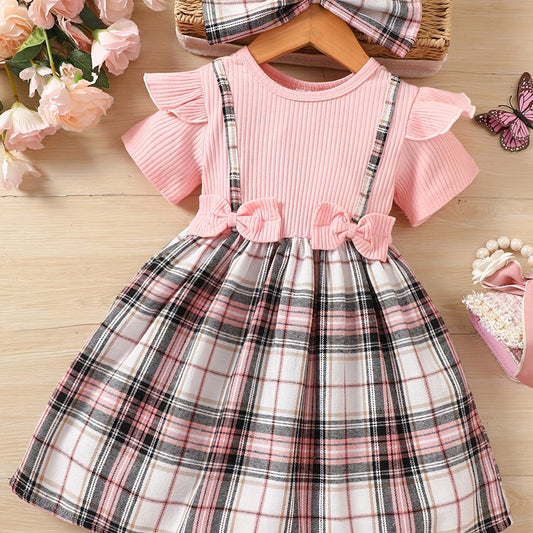 Toddler Girls Short Sleeve Plaid Graphic Bow Front Princess Tee