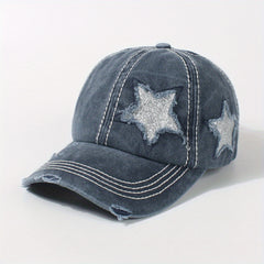 Glitter Star Ripped Baseball Cap Ponytail Washed Distressed Dad Hat