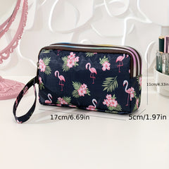 Tropical & Flamingo Print Long Wallet With 3 Zippers Roomy Makeup Pouch Bag