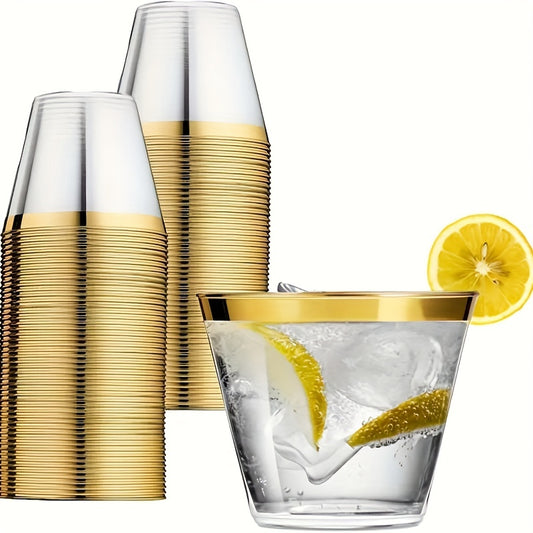 30pcs Clear Plastic Cups With Golden Rim 9oz