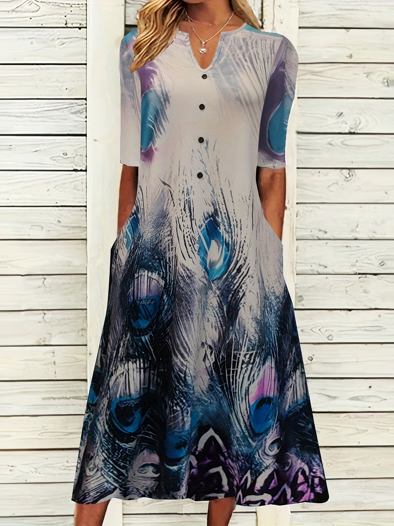  Feather Print Short Sleeve Dress