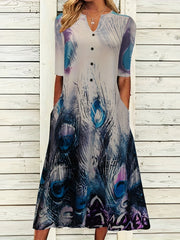  Feather Print Short Sleeve Dress
