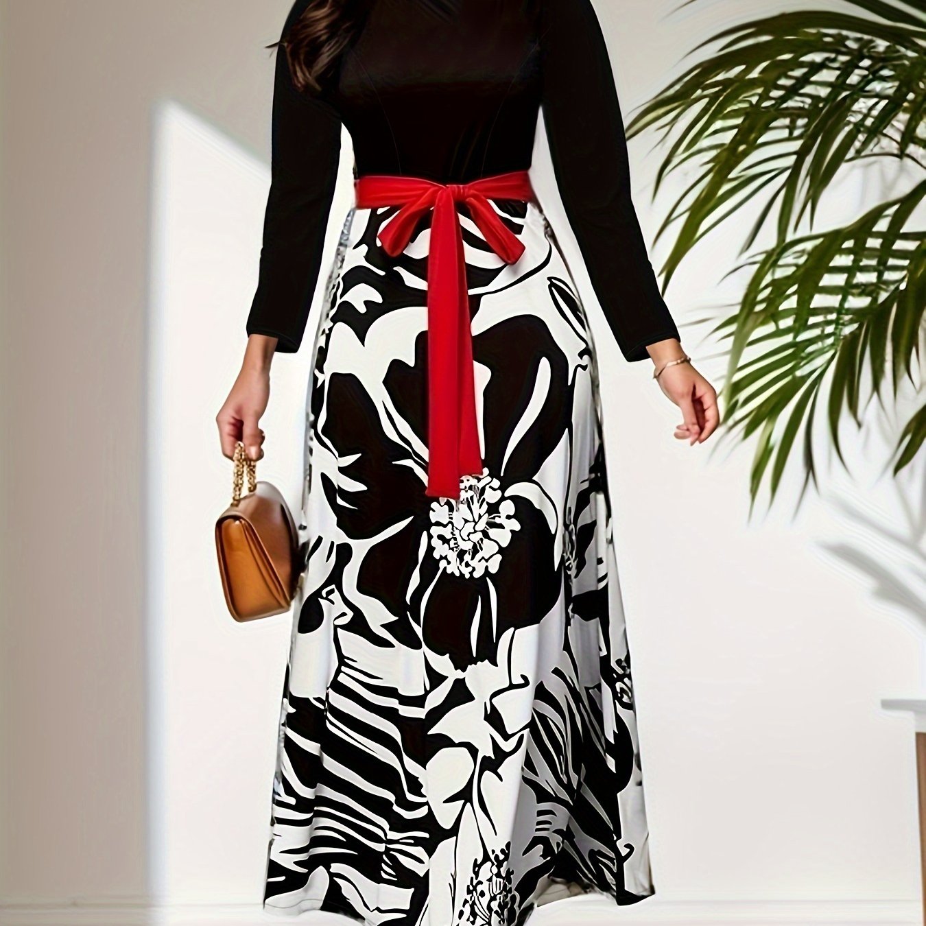  Colorblock Floral Print Long Sleeve Maxi Dress